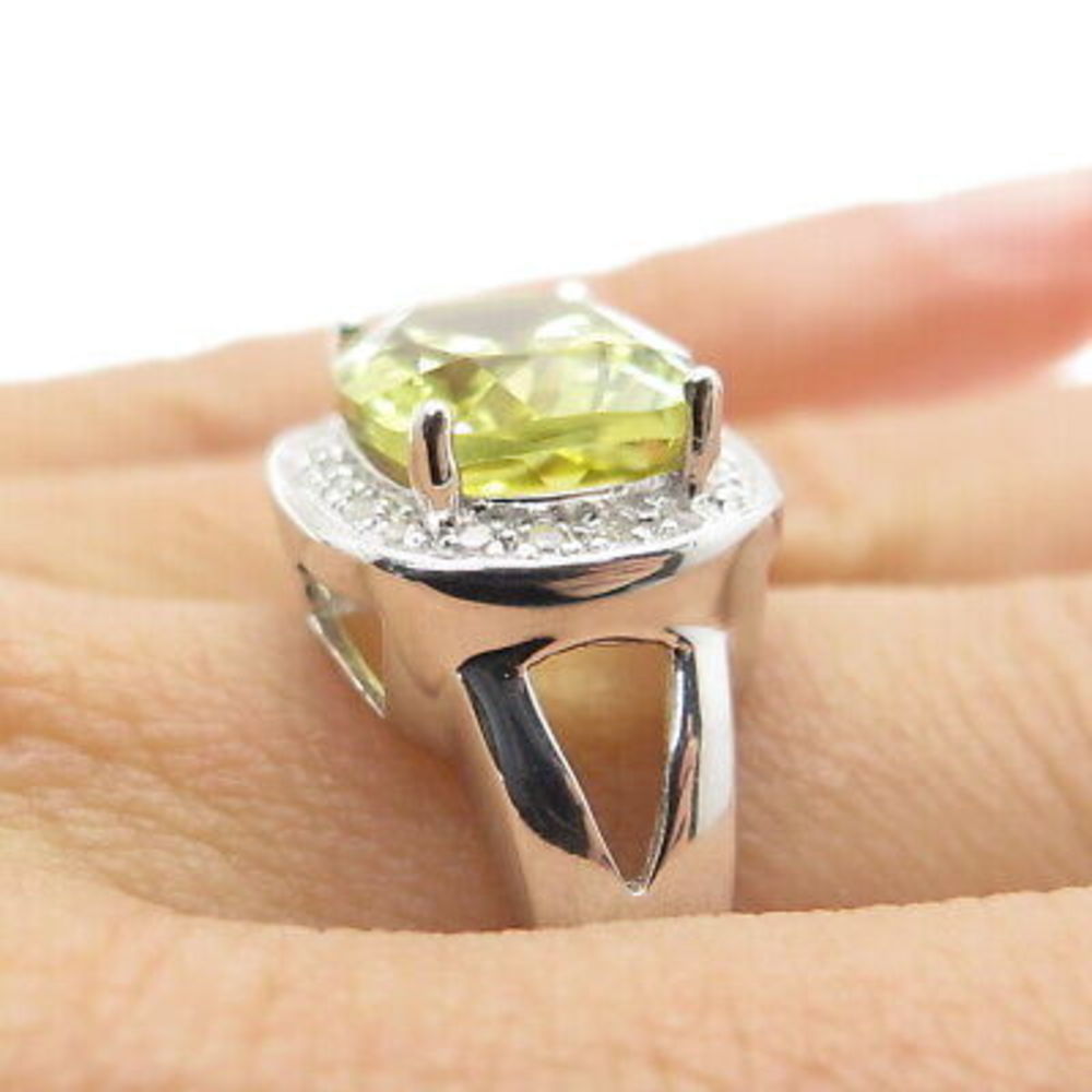 925 Sterling Silver Real Round-Cut Diamond & Lime Citrine Ring Size 7.25 - Picture 2 of 9